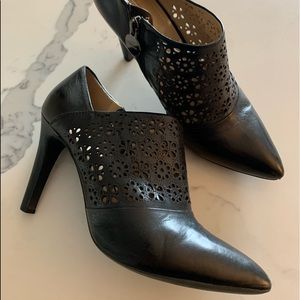 Geox, black leather booties 3” heels, lattice upper detail.